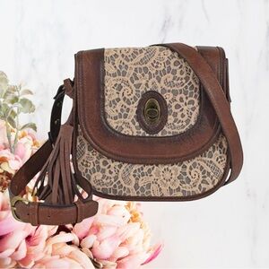 JUSTIN SADDLE CROSSBODY BAG BURNISHED BROWN W/LACE OVERLAY